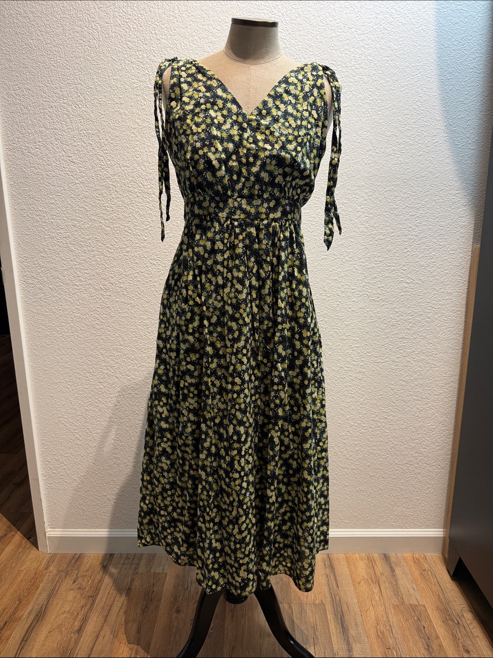 Calvin Klein Black Midi Dress with Yellow Floral Print